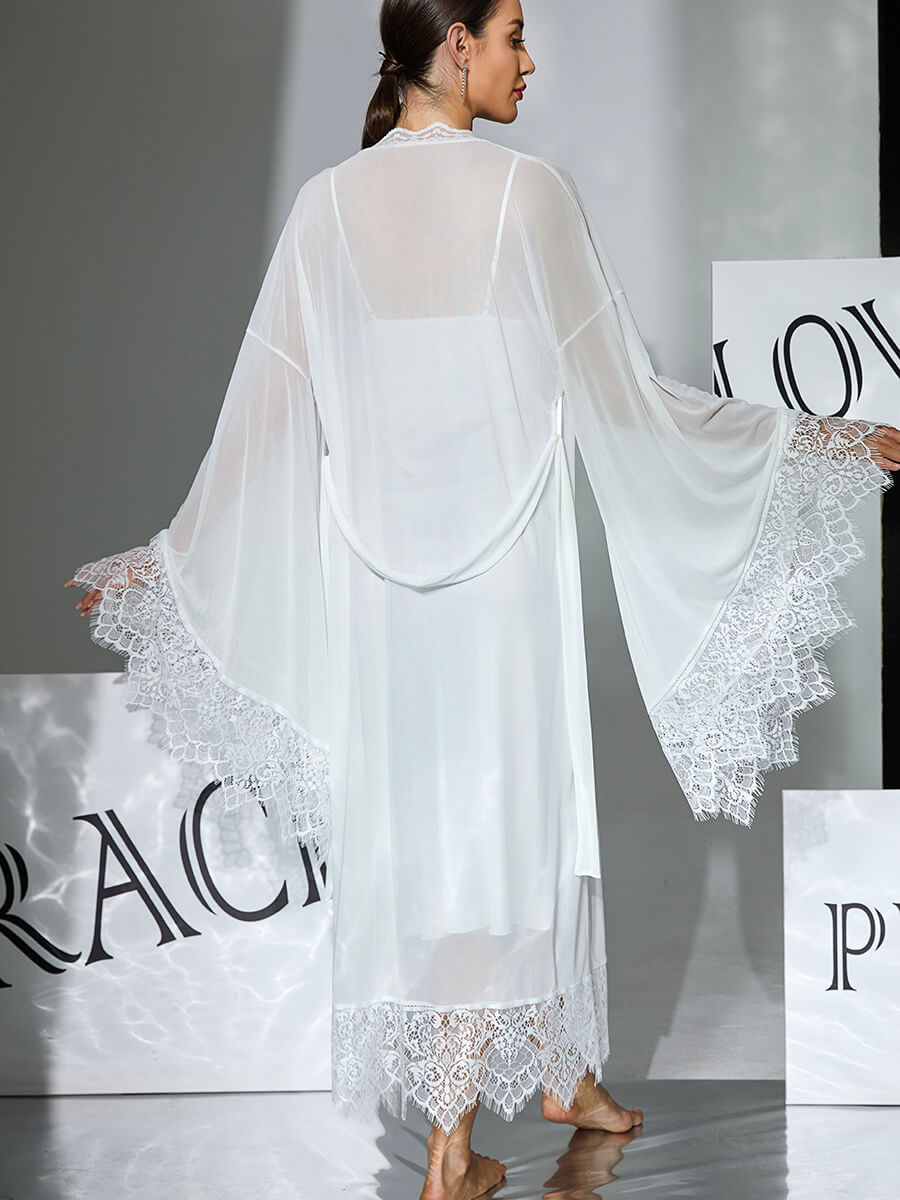White Lace Trim Mesh Robe with Flare Sleeves