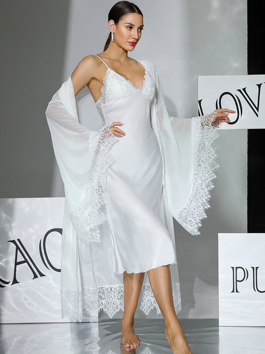 White Lace Trim Mesh Robe with Flare Sleeves