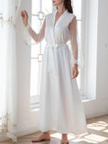 White Satin Bridal Robe for Women Long Pearl Sheer Sleeve Kimono Robe with Tie Waist