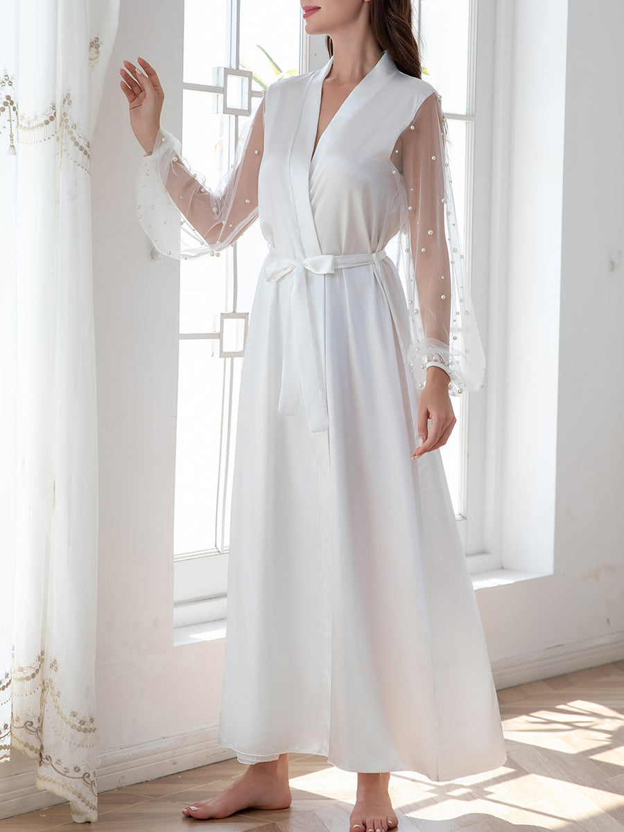 White Satin Bridal Robe for Women Long Pearl Sheer Sleeve Kimono Robe with Tie Waist