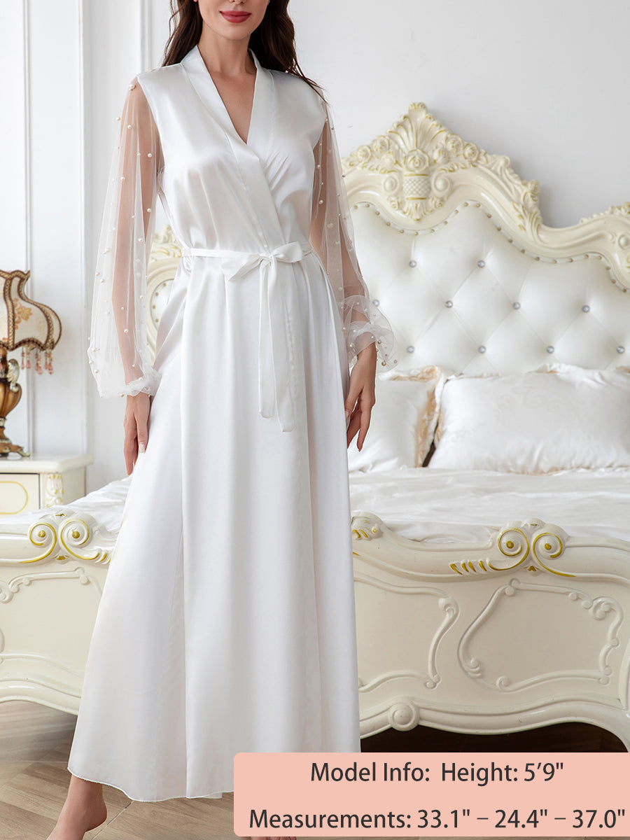 White Satin Bridal Robe for Women Long Pearl Sheer Sleeve Kimono Robe with Tie Waist