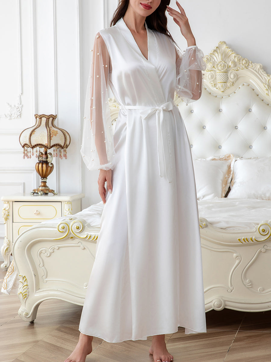 White Satin Bridal Robe for Women Long Pearl Sheer Sleeve Kimono Robe with Tie Waist