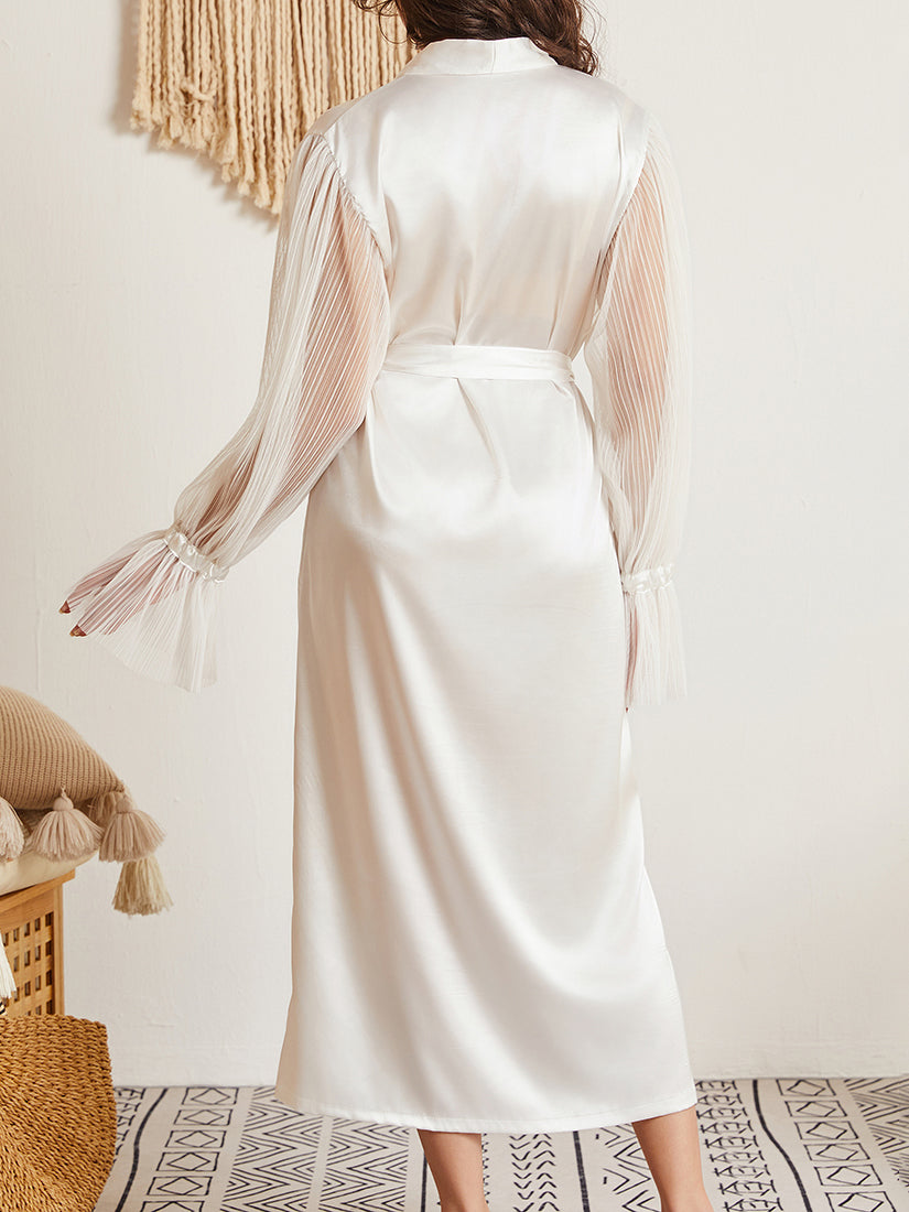 Women White Satin Robe with Pleated Sheer Sleeves